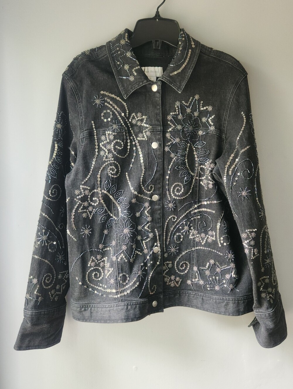 Susan Bristol Black Denim Jacket w Floral Paisley Beaded Sequins